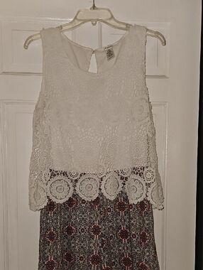 Esley White Crochet Lace Overlay Jumpsuit with Patterned Bottom